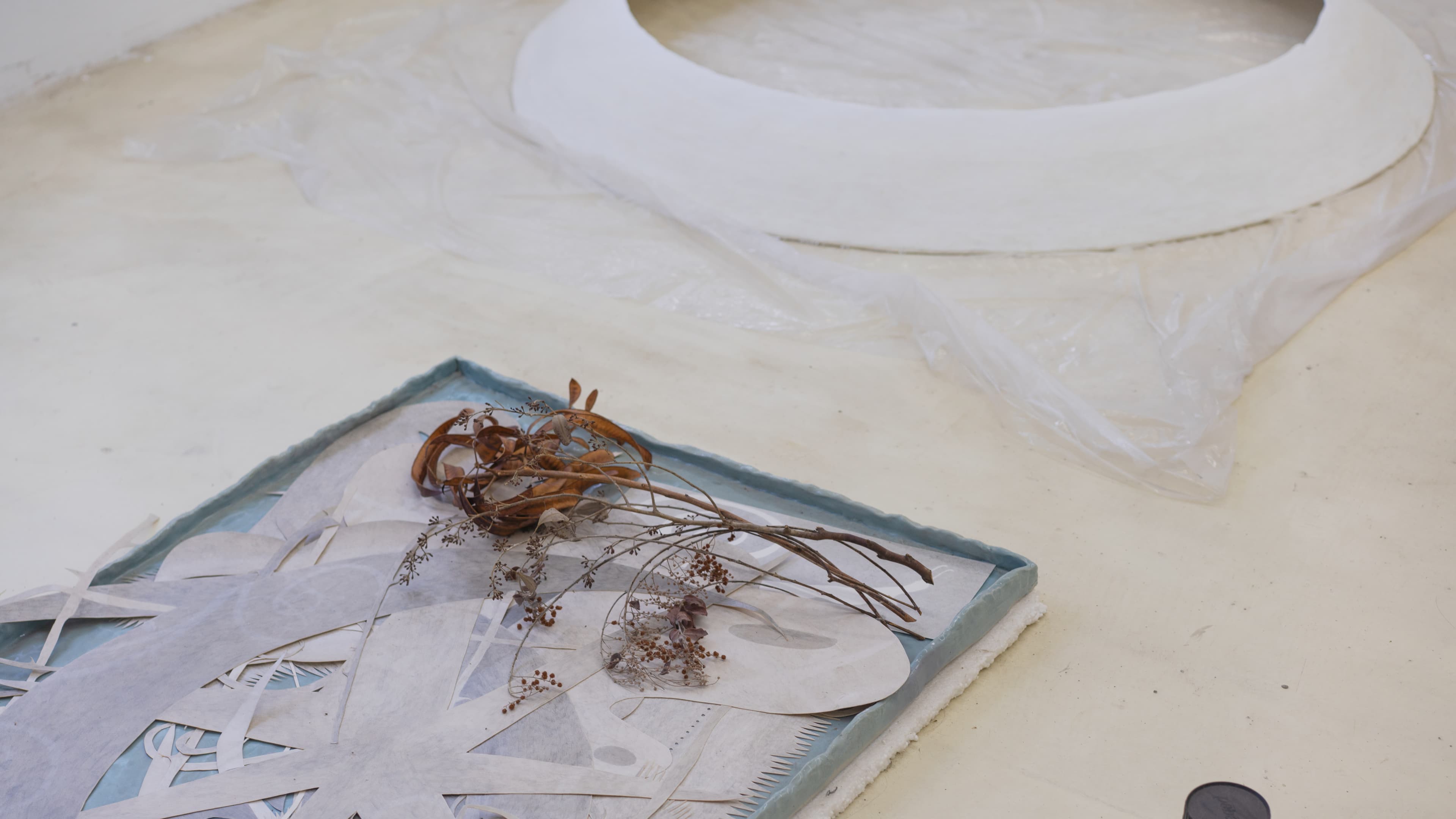 Paper cutouts and dried branches on a tray in Rui Wang's studio